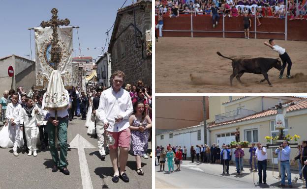 A la izquierda, procesión del Corpus Christi, fiesta principal del municipio. Al lado, vaquillas durante las fiestas y procesión de San Isidro Labrador.