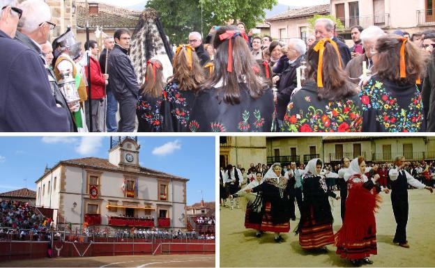 Arriba, Las Cillantas en la procesión del Encuentro cantan las Albricias. Debajo, la Plaza Mayor convertida en coso taurino durante las fiestas y la Cruz de Mayo en 1989.