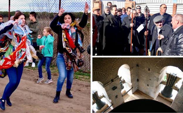 Ala izquierda, el sonido de las dulzainas y los bailes se mezclan en la romería de los Pañuelos. Al lado, un grupo de hombres cofrades durante el canto de San Blas y las campanas del pueblo.