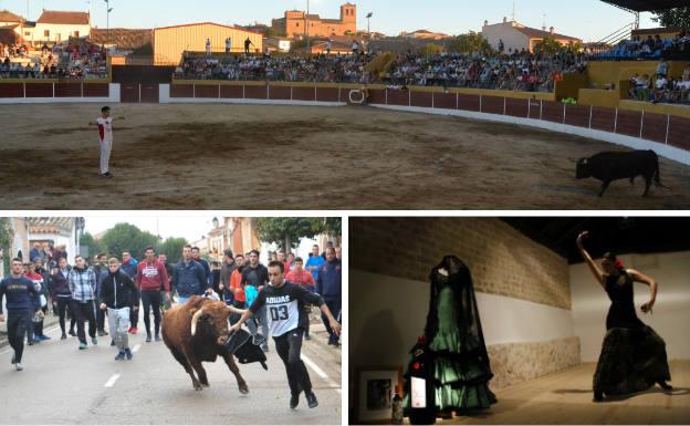 Arriba, festejo en la plaza de toros La Bazanca. Debajo Toro de San Nicolás y los vecinos bailando en el año 1977, cuando la plaza de toros era de palos.