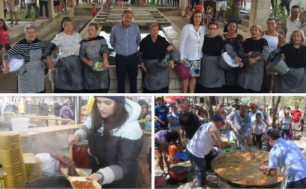 Arriba, vecinos y autoridades posan en el lavadero para recordar las huebras. Debajo, una mujer sirve jijas y morcilla durante la Fiesta de la Matanza y paellada durante las fiestas de la Virgen de la Ascensión.