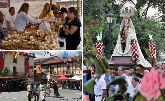 A la izquierda, uno de los puestos de venta de la Feria del Ajo y Feria Portillo Medieval, que se celebra en mayo. Al lado, procesión de Santa María La Mayor.