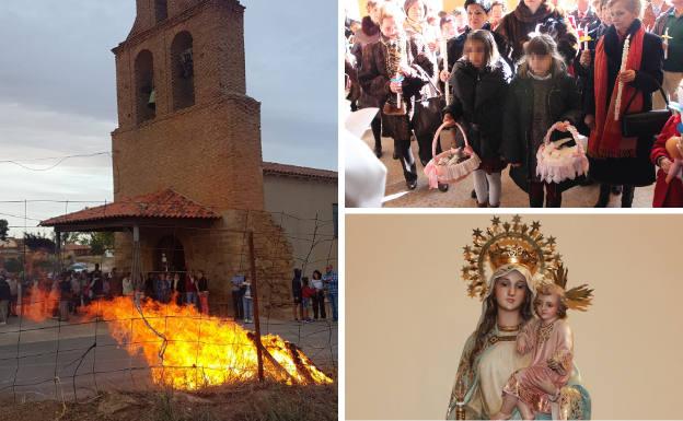 Hoguera frente a la ermita del Santísimo Cristo. Al lado, dos niñas con las palomas que se ofrecen a Nuestra Señora de las Candelas con motivo de su fiesta e imagen de la Virgen.