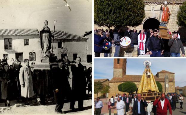 Imagen antigua de la procesión del patrón San Blas. Al lado, la misma celebración en la actualidad y la Virgen del Rosario, portada a hombros por los fieles.