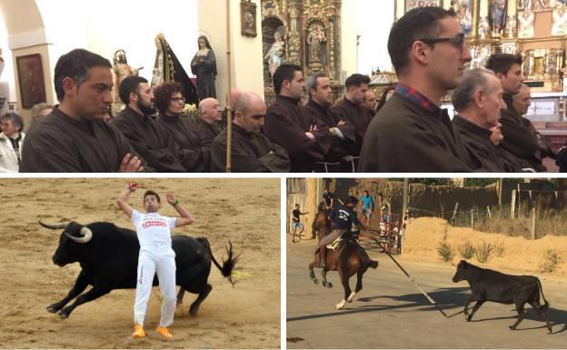 Arriba, hermanos y hermanas de la Venerable Orden Tercera antes de rezar la Corona franciscana. Debajo, el cortador local Roberto Vidal y desencierro de reses en las fiestas de septiembre.