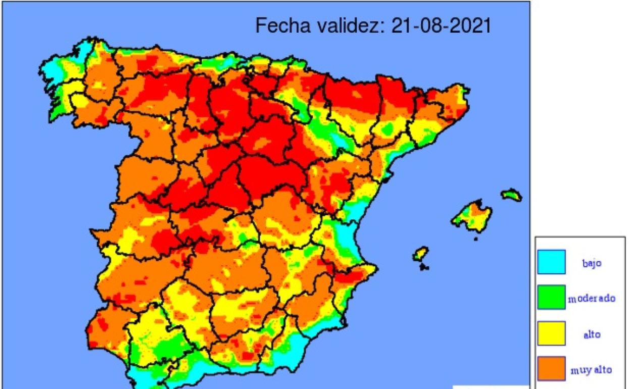 Mapa de riesgo de incendios de la Aemet.