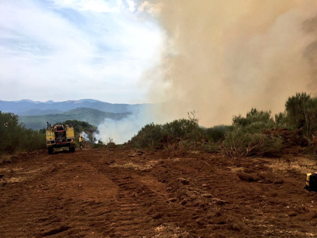 Medios aéreos y terrestres trabajan en las labores de extinción del incendio, cuyo origen se investiga, declarado en la madrugada de este lunes en el denominado Valle Estremero, e ntre los municipios leoneses de Riaño y Boca de Huérgano.