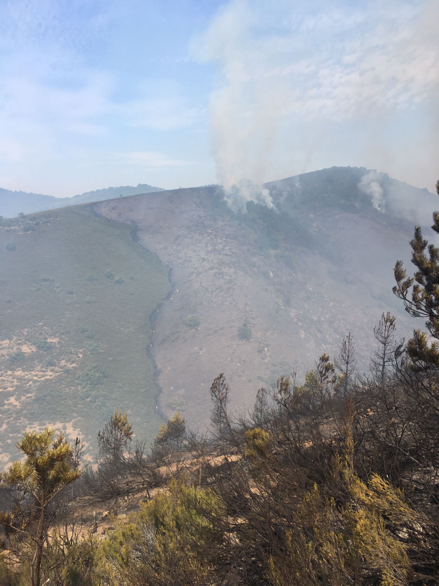 Medios aéreos y terrestres trabajan en las labores de extinción del incendio, cuyo origen se investiga, declarado en la madrugada de este lunes en el denominado Valle Estremero, e ntre los municipios leoneses de Riaño y Boca de Huérgano.