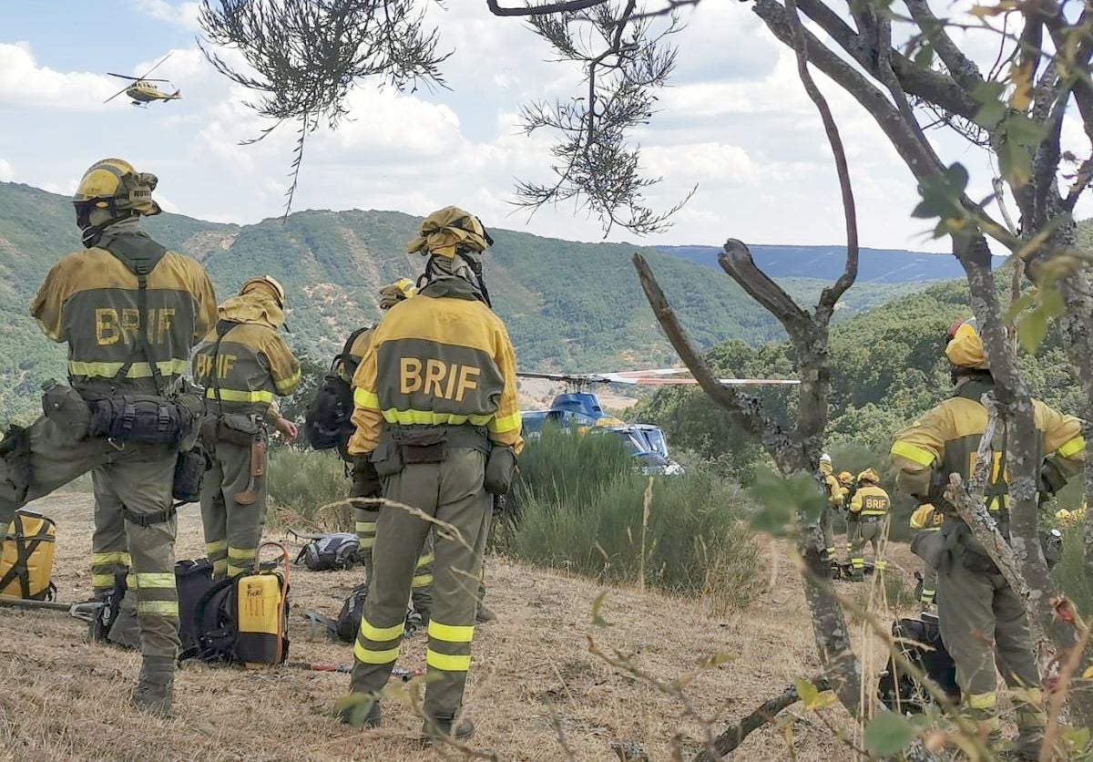 Medios aéreos y terrestres trabajan en las labores de extinción del incendio, cuyo origen se investiga, declarado en la madrugada de este lunes en el denominado Valle Estremero, e ntre los municipios leoneses de Riaño y Boca de Huérgano.