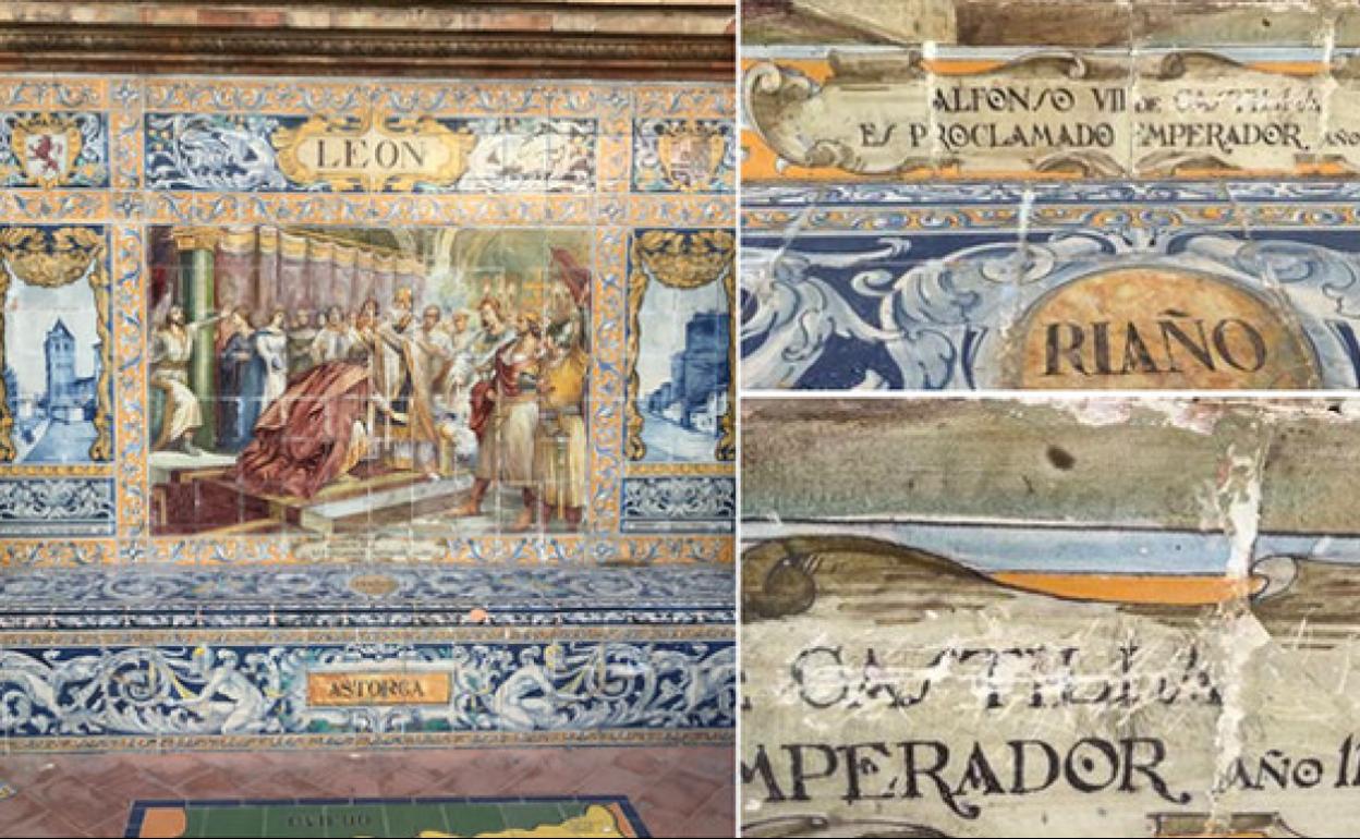 Un turista leonés presume en Twitter de arañar los azulejos de la Plaza de España en Sevilla