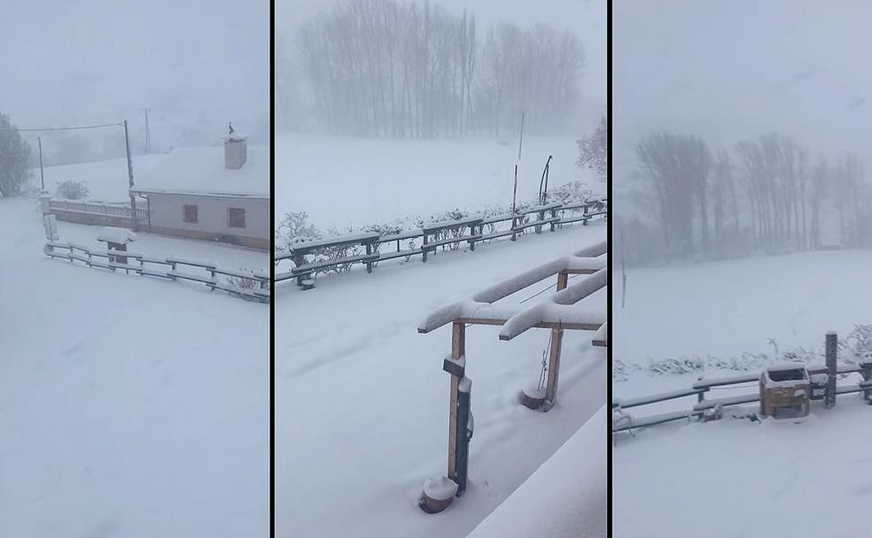 Imágenes de la localidad leonesa de Maraña completamente cubierta por la nieve este lunes. 