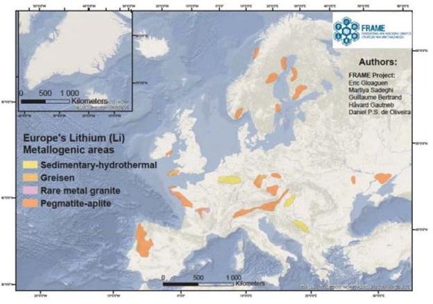 Áreas con depósitos de litio en Europa (Gloaguen et al. 2021; proyecto FRAME-GeoERA). 