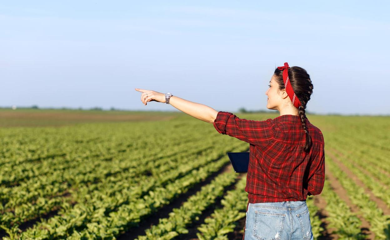 Una joven obtiene datos de su explotación agraria. 