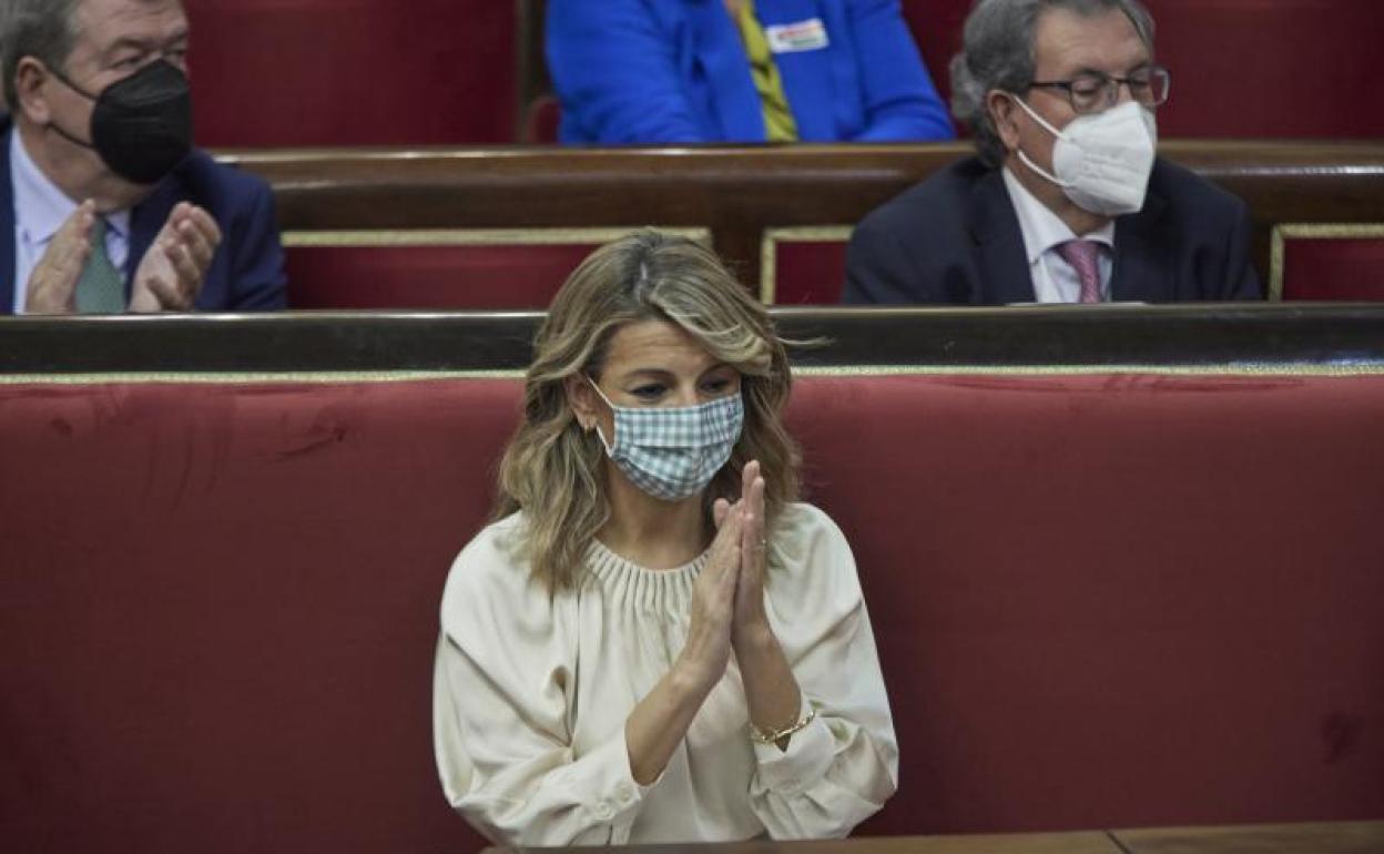 La vicepresidenta segunda y ministra de Trabajo y Economía Social, Yolanda Díaz, este viernes en el Senado. 