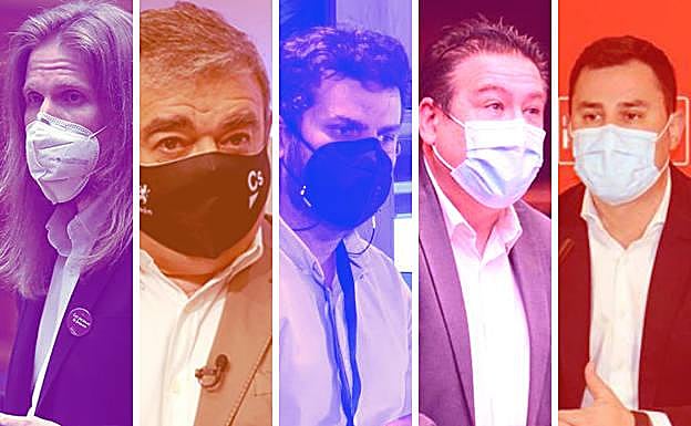 De izquierda a derecha: Pablo Fernández (Unidas Podemos); Justo Fernández (Ciudadanos); Javier Santiago Vélez (Partido Popular); Luis Mariano Santos (Unión del Pueblo Leonés); Javier Alfonso Cendón (Partido Socialista).