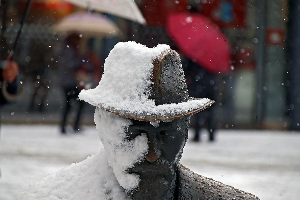 Una intensa nevada cayó en León capital dejando estampas tan curiosas como esta de Gaudí con la cara medio congelada