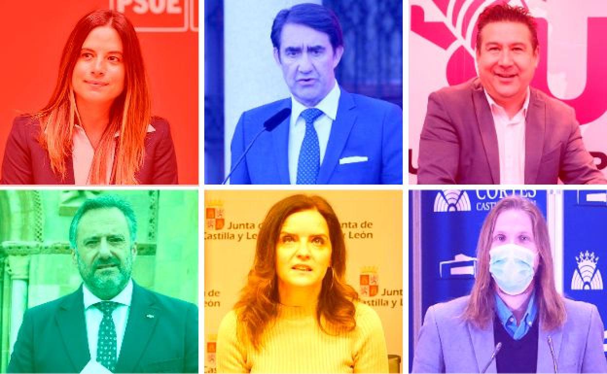 De izquierda a derecha y de arriba abajo, Nuria Rubio (PSOE), Suárez-Quiñonez (PP), Luis Mariano Santos (UPL), Carlos Pollán (VOX), Ana Carlota Amigo (Cs) y Pablo Fernández (Podemos).