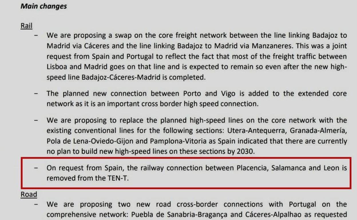Imagen del explícito documento de la UE que deja a León fuera del trazado ferroviario en la 'Vía de la Plata' literalmente «a petición de España». 