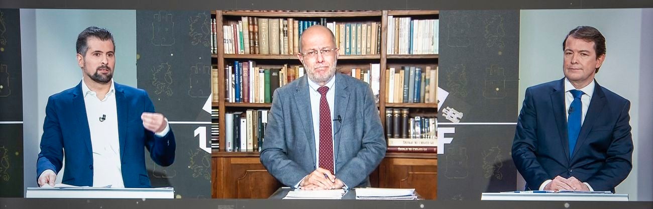 El candidato del PP, Alfonso Fernández Mañueco, el candidato Socialista, Luis Tudanca y el candidato de Ciudadanos, Francisco Igea, han debatido este lunes en la primera confrontación 'a tres' en la campaña.. 