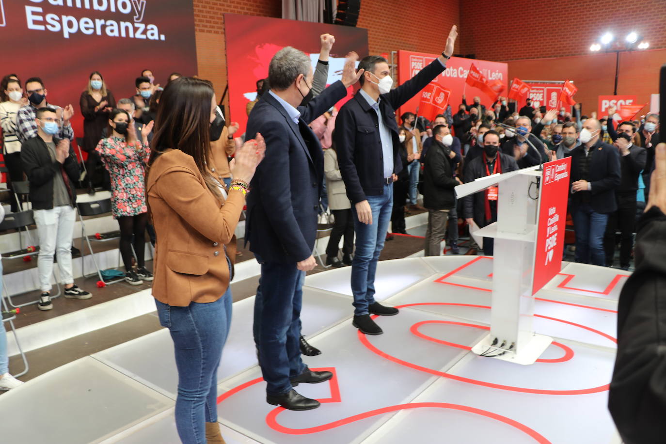 Acto electoral en León del candidato del PSOE a la Presidencia de la Junta, Luis Tudanca; el expresidente José Luis Rodríguez Zapatero y del presidente y secretario general del PSOE, Pedro Sánchez.