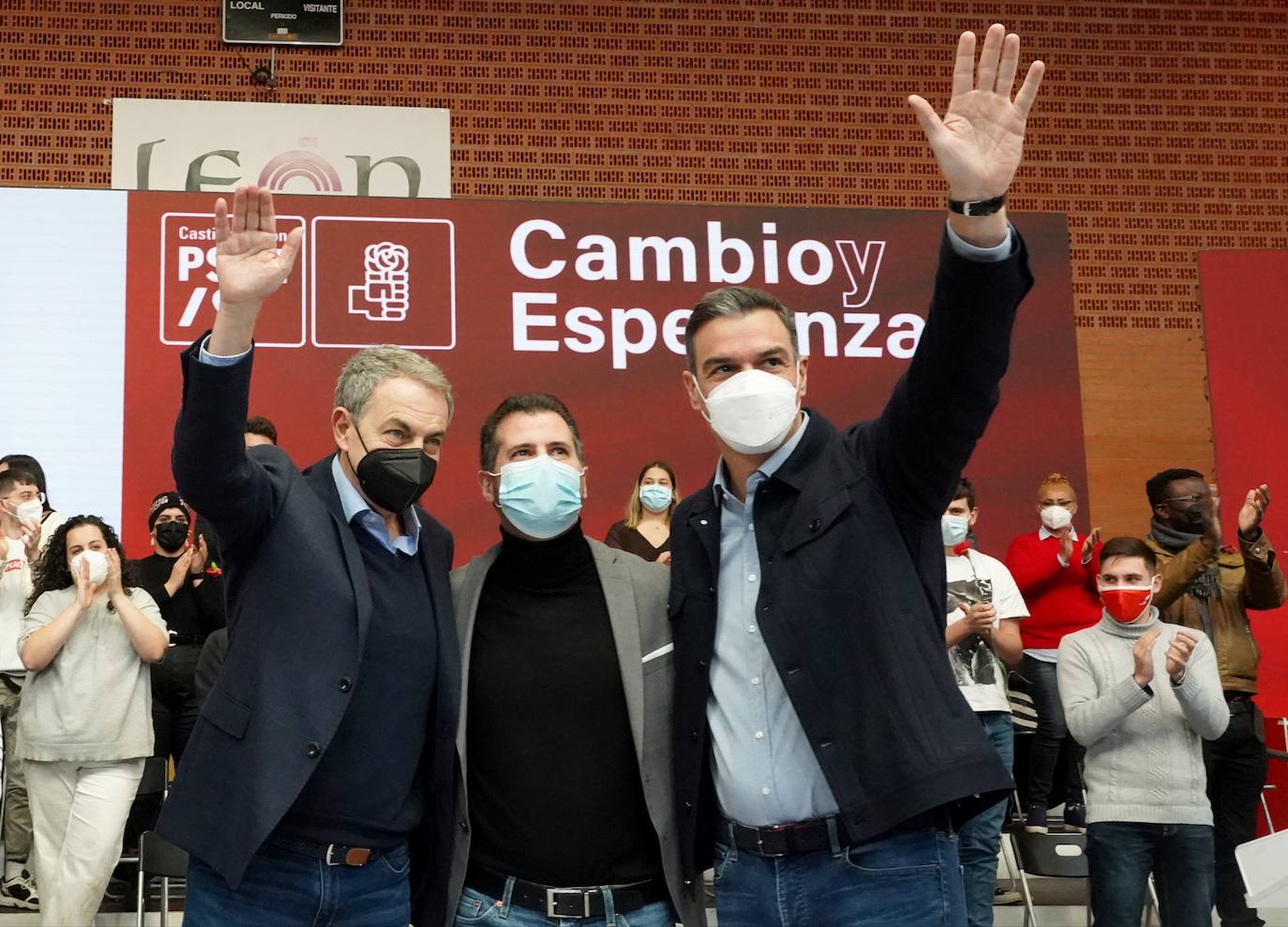 Acto electoral en León del candidato del PSOE a la Presidencia de la Junta, Luis Tudanca; el expresidente José Luis Rodríguez Zapatero y del presidente y secretario general del PSOE, Pedro Sánchez.