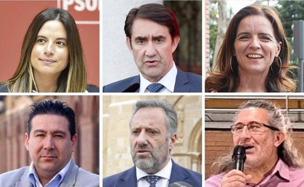 De izquierda a derecha, en la fila de arriba: Nuria Rubio (PSOE), Suárez-Quiñones (PP) y Ana Carlota Amigo (CS); en la fila de abajo: Luis Mariano Santos (UPL), Carlos Pollán (VOX) y Sixto Martínez (UP). 