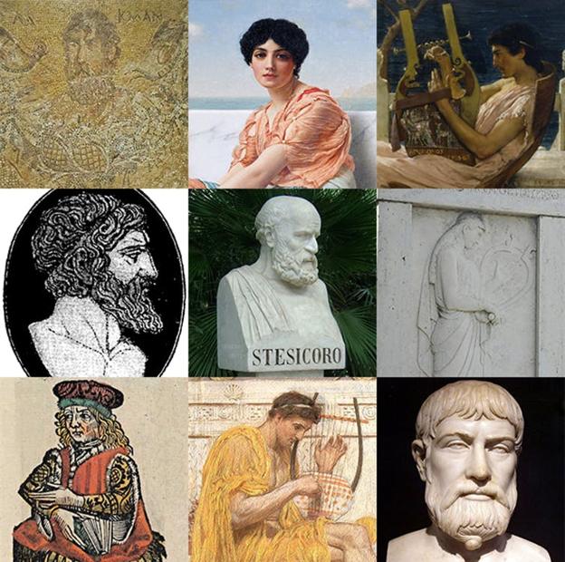 Mosaico con algunos de los principales poetas griegos: Alcmán, Safo, Alceo de Mitilene, Anacreonte, Estesícoro, Íbico, Simónides de Ceos, Baquílides, Píndaro. FriedC.