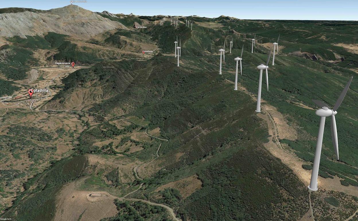 Recreación de la instalación de estos aerogeneradores en los montes colindantes a Coladilla.