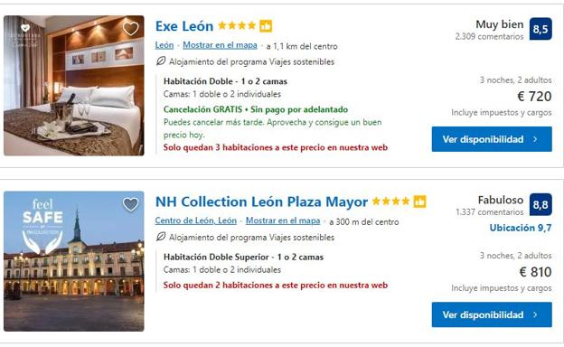 Imagen de Booking con algunos de los precios de los hoteles de León para esta Semana Santa. 