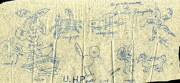 Imagen del folio localizado en el interior del libro, con dibujos de una de las alumnas. 