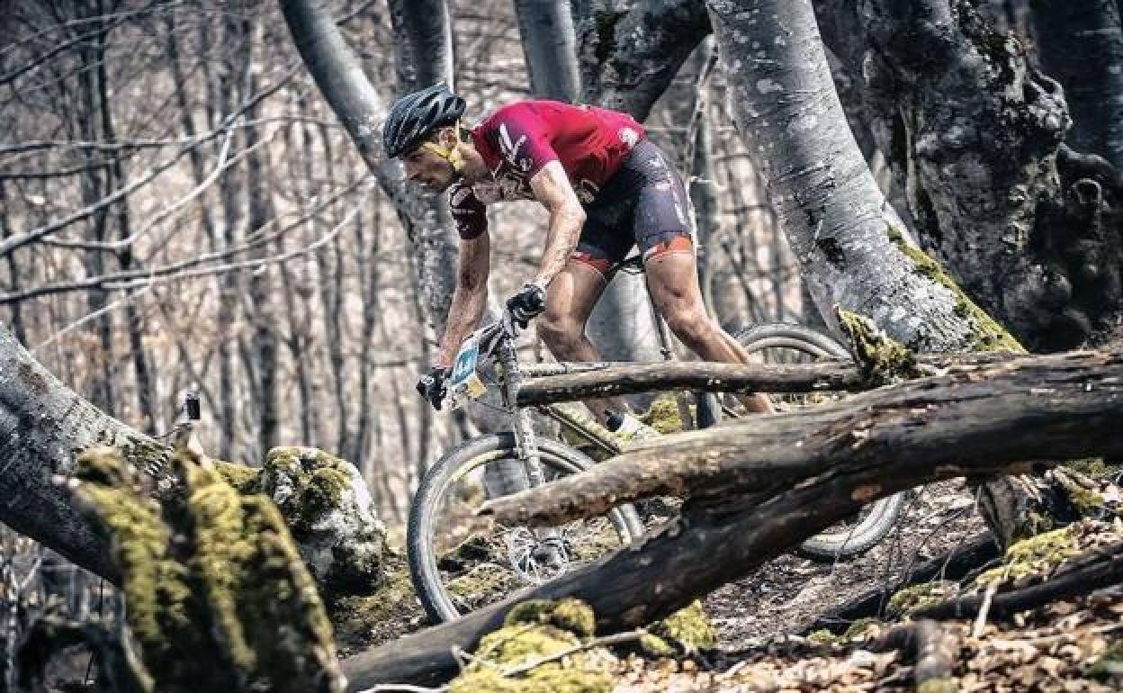 Imagen de archivo de un ciclista en una prueba de bike de montaña. 