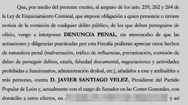 Imagen del detalle parcial de la denuncia presentada por cargos del PP ante la Fiscalía. 