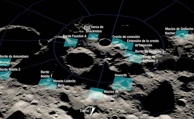 Las trece regiones del polo sur lunar candidatas para el aterrizaje de Artemisa 3.