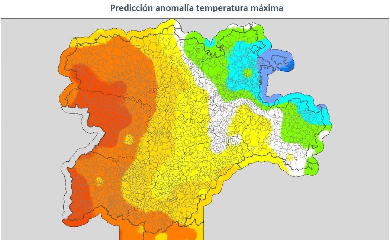 Previsión de anomalía de la temperatura máxima en Castilla y León. 