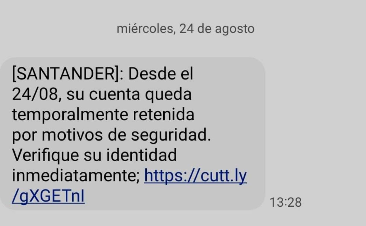 Imagen de un sms llegado al terminal móvil de un leonés el paado miércoles 24 de agosto en el que se incluye un enlace con una estafa de phishing