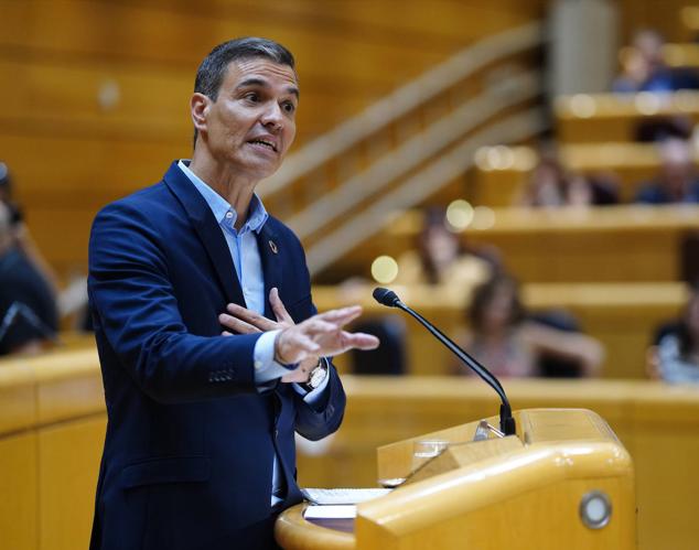 El presidente del Gobierno, Pedro Sánchez, durante su réplica a Alberto Núñez Feijóo. 