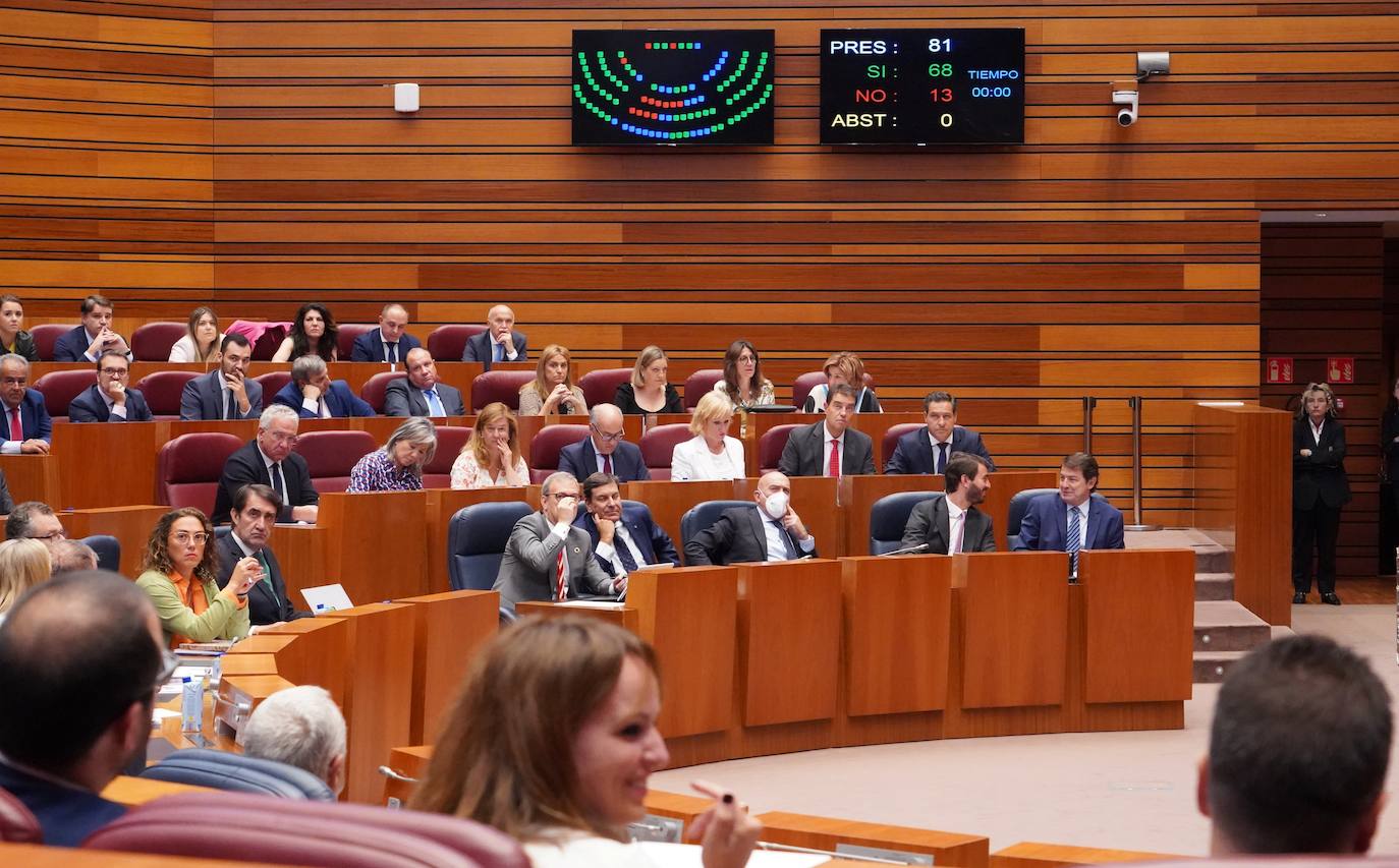 El presidente de la Junta de Castilla y León Alfonso Fernández Mañueco acompañado del vicepresidente Juan García Gallardo y el consejero de Presidencia Jesús Julio Carnero y otros consejeros y procuradores en la segunda jornada del primer Pleno del curso político de las Cortes de Castilla y León.