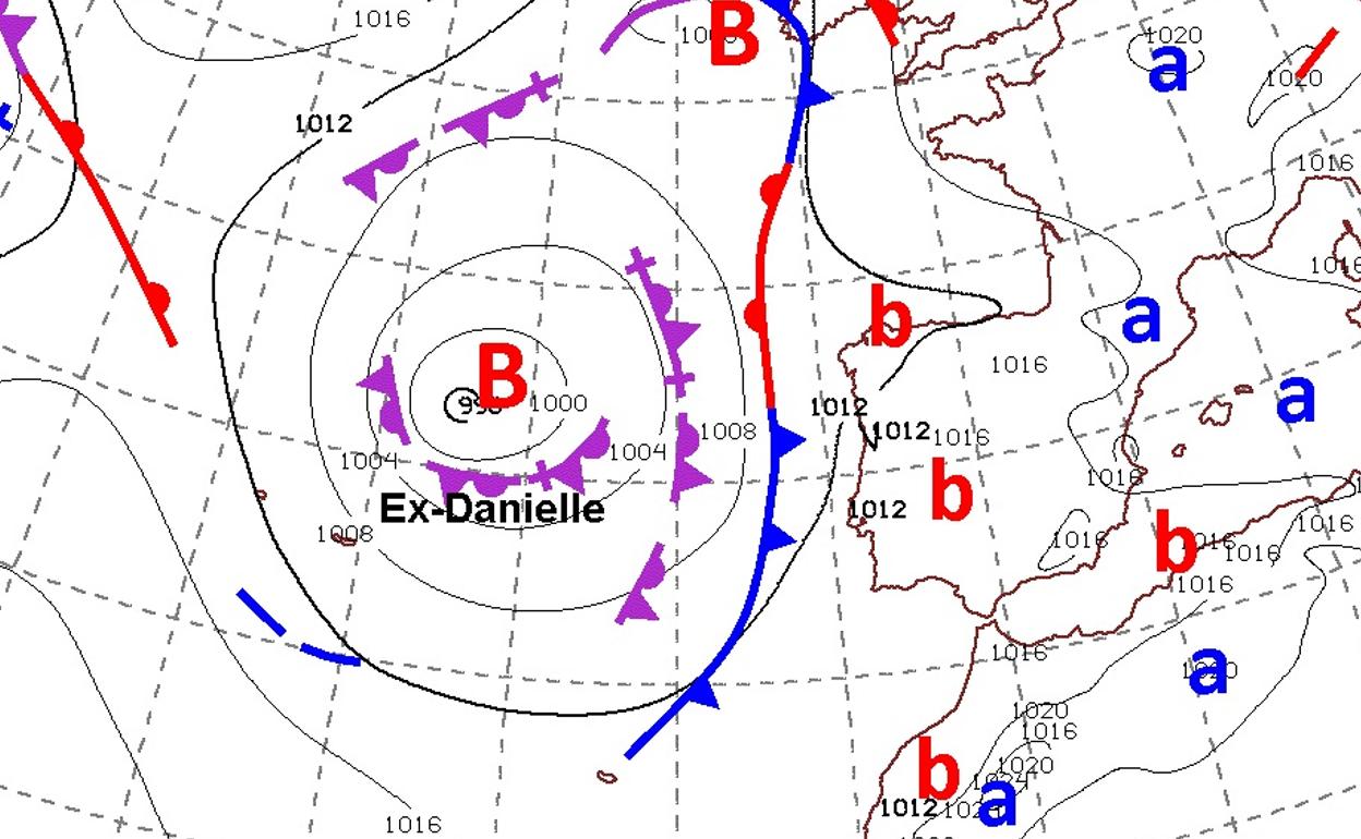 Mpa de isobaras de la borrasca Danielle.