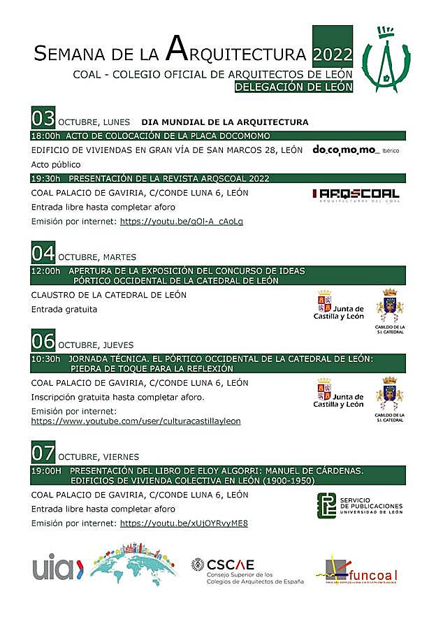 Cartel con el programa de actividades del Colegio Oficial de Arquitectos de León para el Día Mundial de la Arquitectura. 
