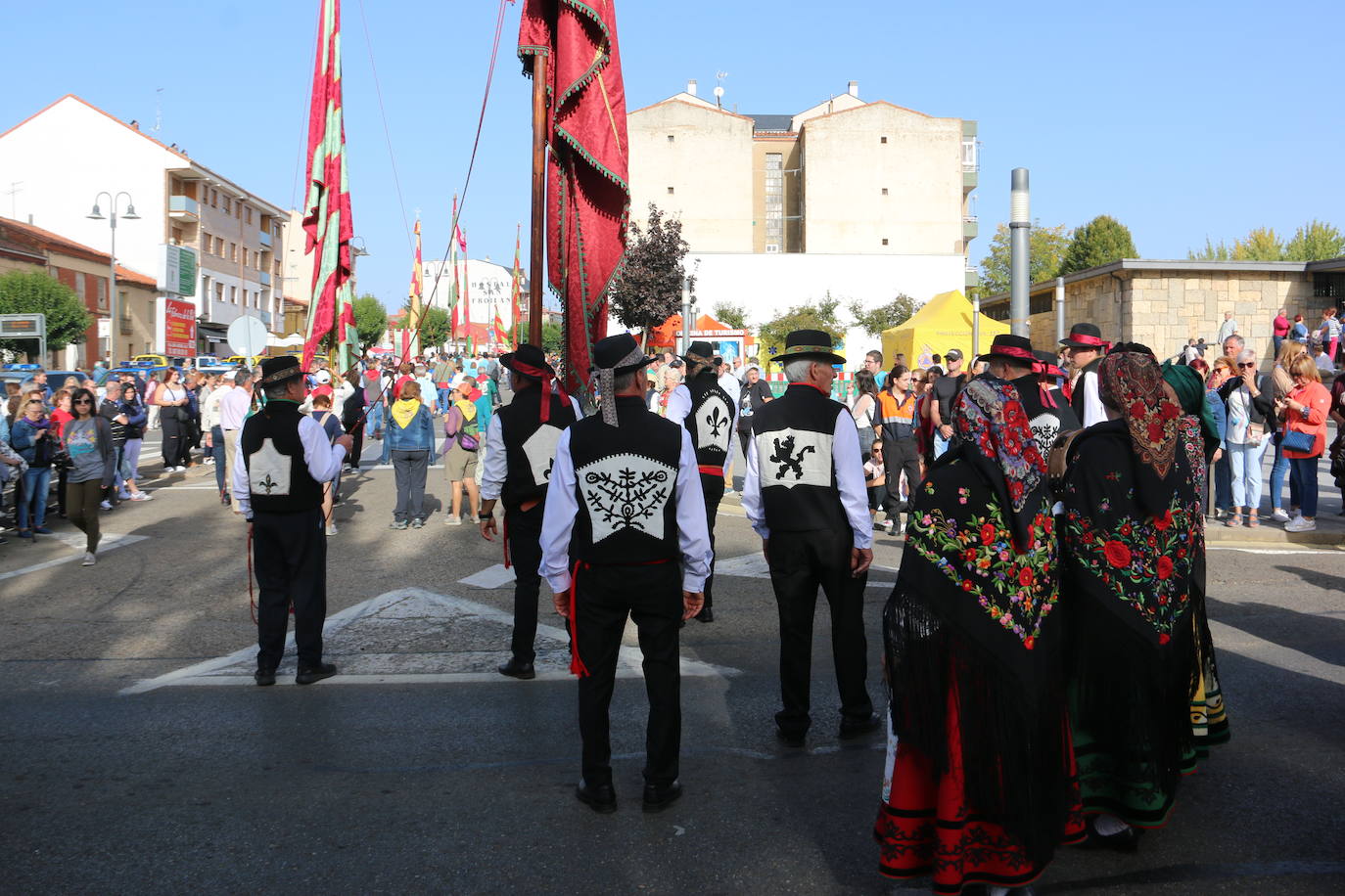 Desfile de pendones y carros engalanados en la romería de San Froilán. 