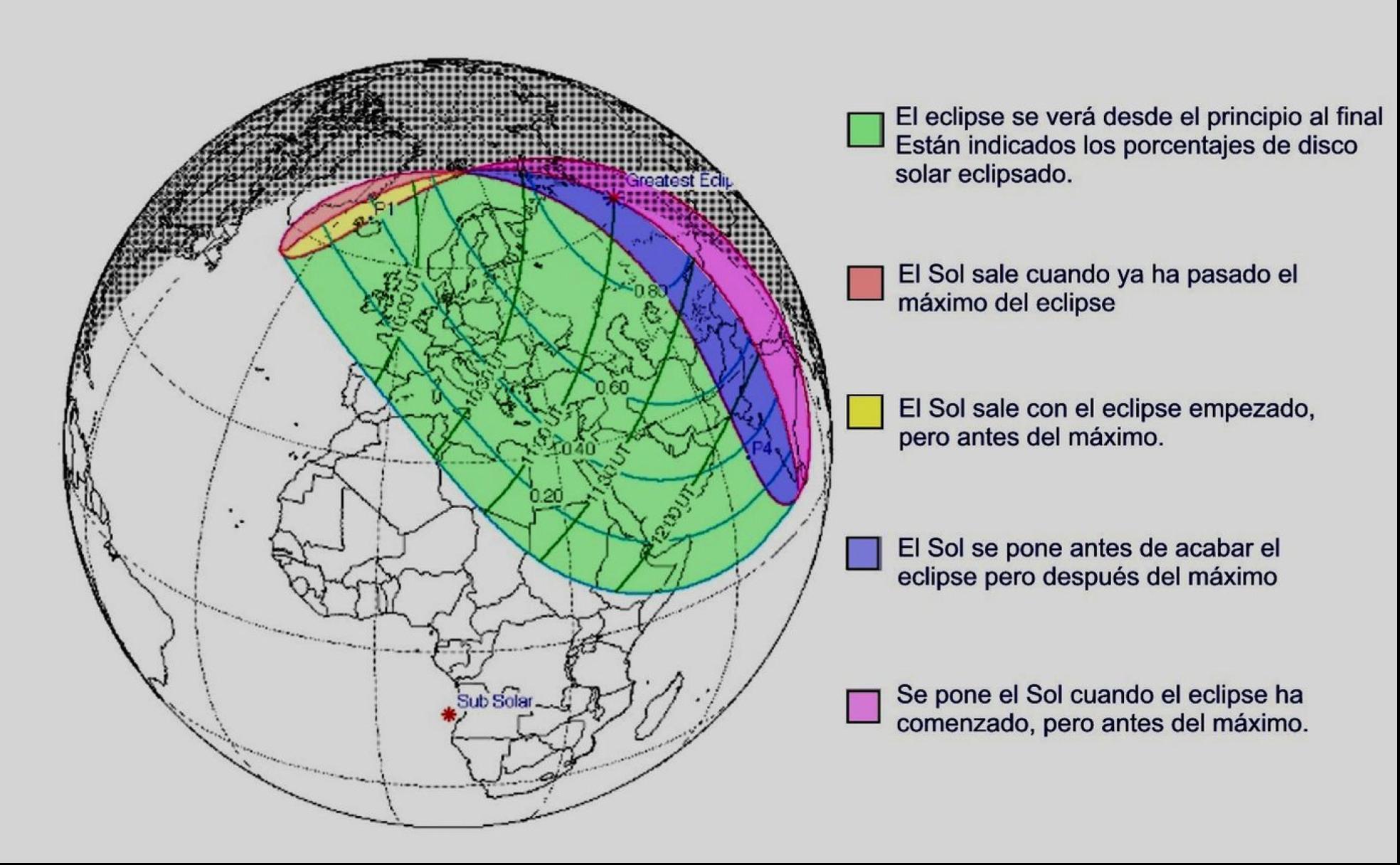 Imagen de las áreas de influencia del último eclipse de sol, que será visible en la mitad de la provincia de León. 