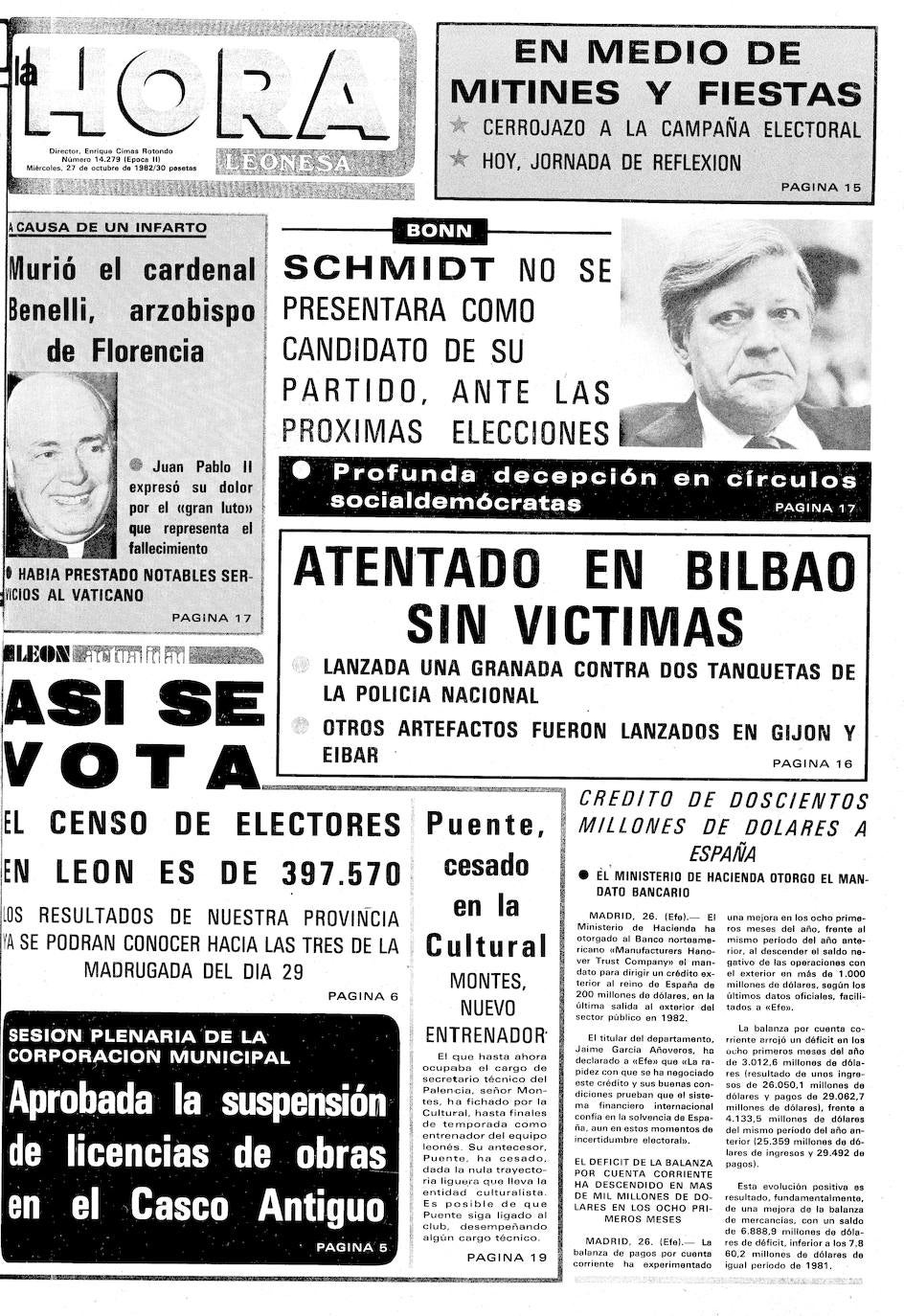 La provincia recuerda los más de 130.000 votos que sirvieron para que el PSOE alcanzara, 'POr el cambio', el gobierno de España. Diez millones de votos encumbraron a Felipe González, que tuvo en León uno de sus mítines más importantes en la historia de la política local con 10.000 asistentes. El PSOE logró el 48,4 % de los sufragios frente a la derecha. Este es el resumen de prensa de la época. 