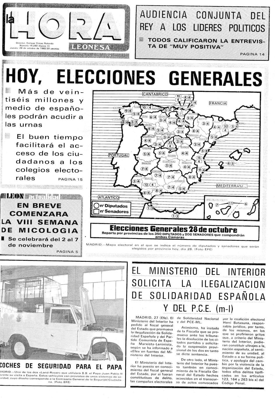 La provincia recuerda los más de 130.000 votos que sirvieron para que el PSOE alcanzara, 'POr el cambio', el gobierno de España. Diez millones de votos encumbraron a Felipe González, que tuvo en León uno de sus mítines más importantes en la historia de la política local con 10.000 asistentes. El PSOE logró el 48,4 % de los sufragios frente a la derecha. Este es el resumen de prensa de la época. 