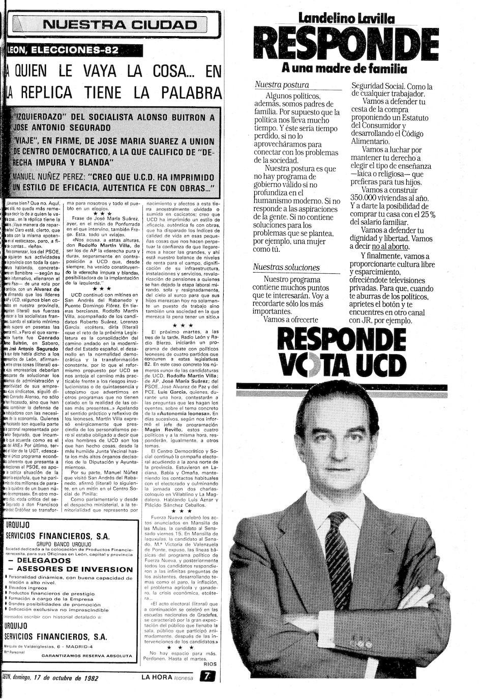 La provincia recuerda los más de 130.000 votos que sirvieron para que el PSOE alcanzara, 'POr el cambio', el gobierno de España. Diez millones de votos encumbraron a Felipe González, que tuvo en León uno de sus mítines más importantes en la historia de la política local con 10.000 asistentes. El PSOE logró el 48,4 % de los sufragios frente a la derecha. Este es el resumen de prensa de la época. 