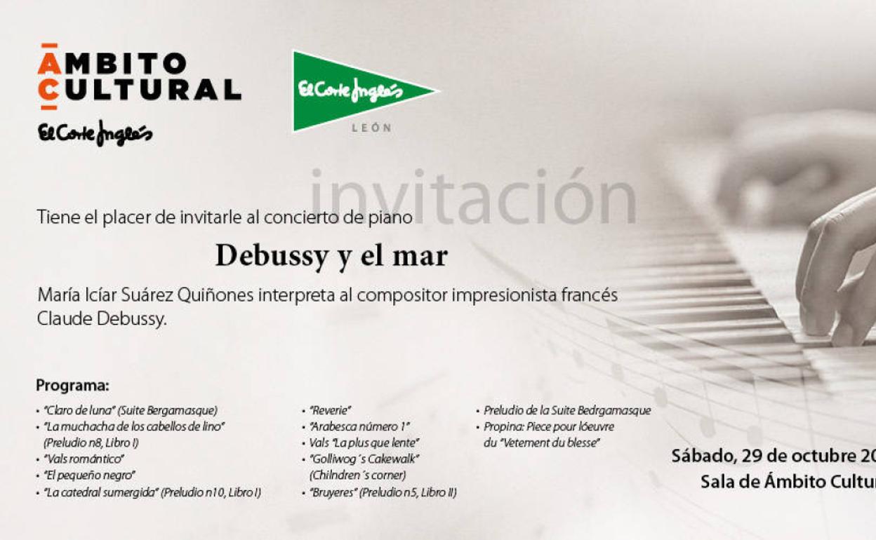 El ámbito cultural de El Corte Inglés ofrece el próximo sábado el concierto de piano 'Debussy y el mar'.