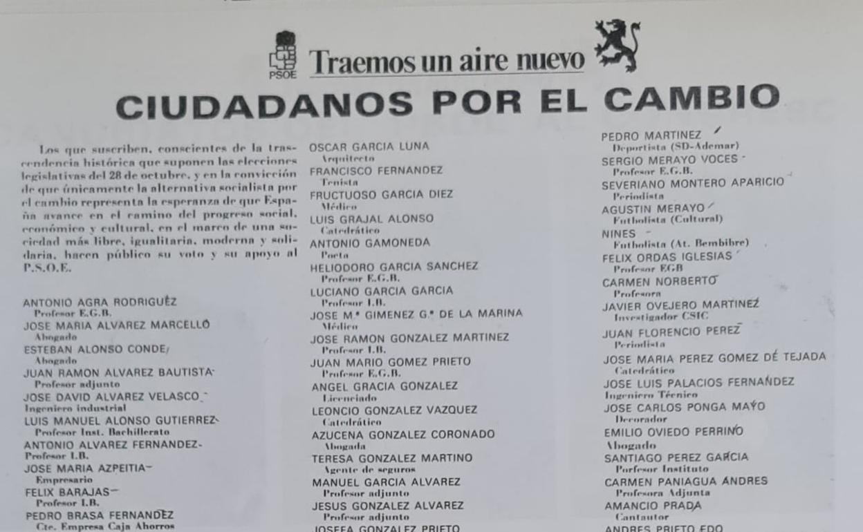 Imagen del documento firmado por 126 leoneses comprometidos en 1982 con el PSOE. 