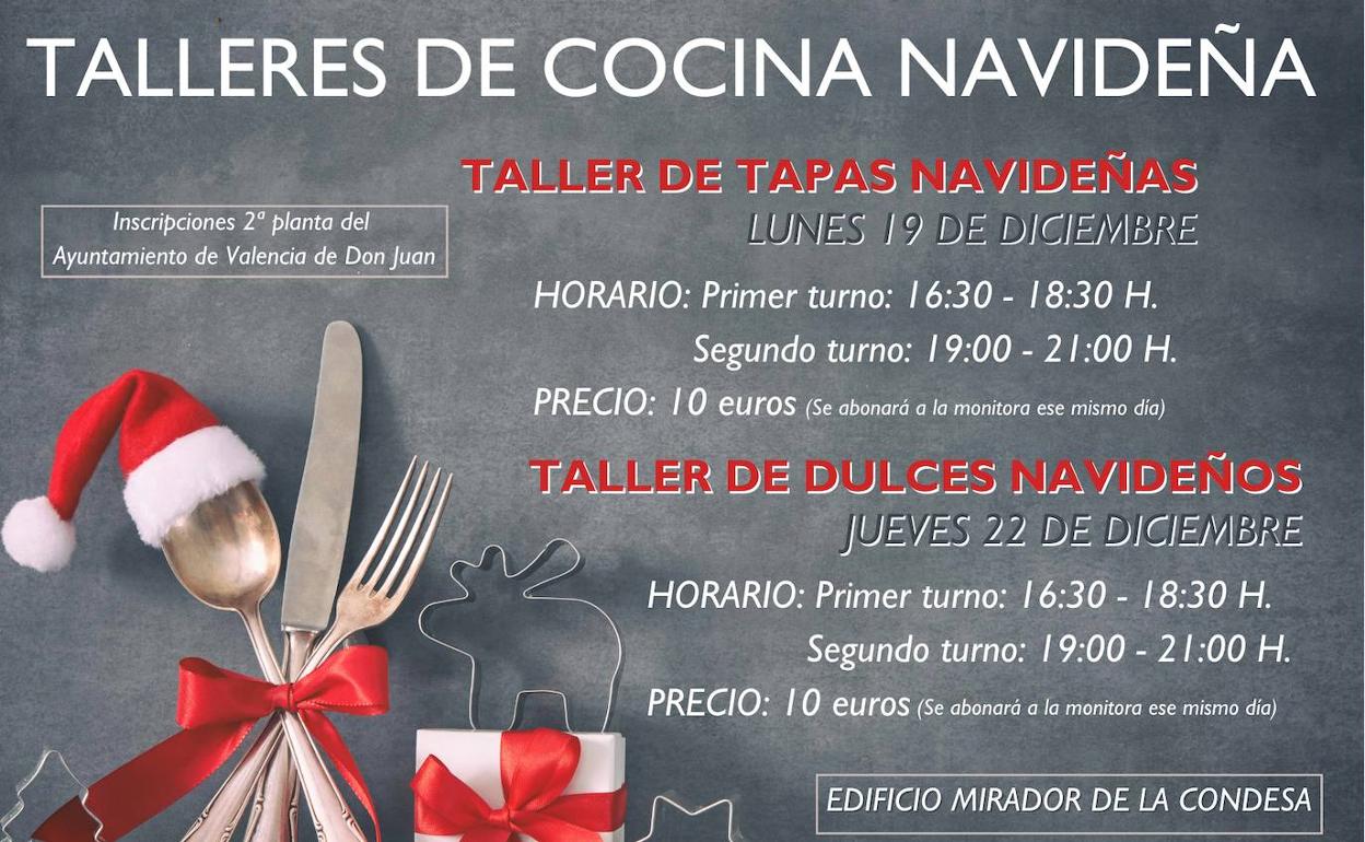Cartel de los talleres de cocina navideña que se impartirán en Valencia de Don Juan.