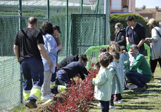 Los alumnos del colegio de Valencia de Don Juan durante la plantación de árboles.