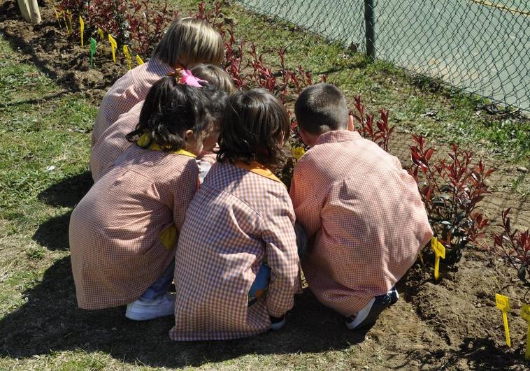 Los alumnos del Colegio de Valencia de Don Juan, durante la plantación de los árboles.