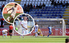 Imagen principal: gol recibido por la Cultural en el Reino de León ante el Linares Deportivo. En los círculos, arriba: Jesús Álvarez; abajo: Obolskii.